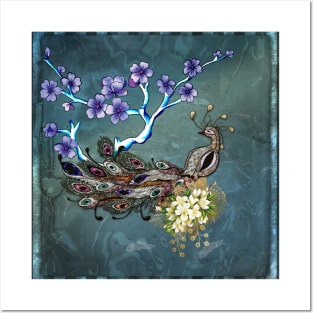 Wonderful elegant peacock with flowers Posters and Art